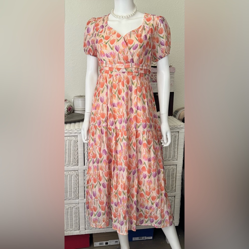 Love Olive Co Caribbean Tulip Print Midi Dress Oversized Orange Lavender Size S